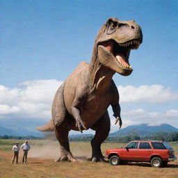 Modify the image to exhibit the mighty T-Rex, now enclosed in an imposing 90-meter high electric fence. This colossal structure towers over the car driven by a cautious Dr. Alan Grant, demonstrating the immense scale of Jurassic Park.