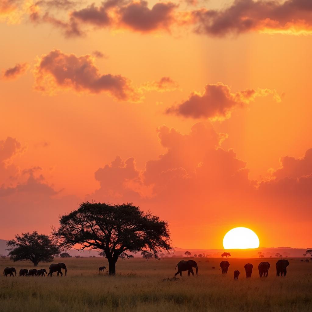 A stunning landscape depicting a beautiful African golden hour, with a vibrant orange and yellow sunset illuminating the horizon