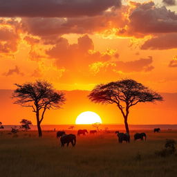 A stunning landscape depicting a beautiful African golden hour, with a vibrant orange and yellow sunset illuminating the horizon