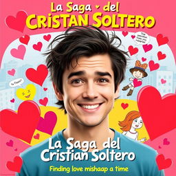 A vibrant and playful movie poster for a romantic comedy titled "La Saga del Cristian Soltero"