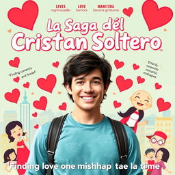 A vibrant and playful movie poster for a romantic comedy titled "La Saga del Cristian Soltero"