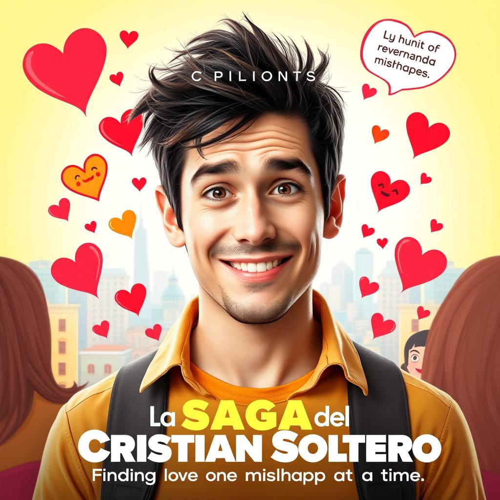 A vibrant and playful movie poster for a romantic comedy titled "La Saga del Cristian Soltero"