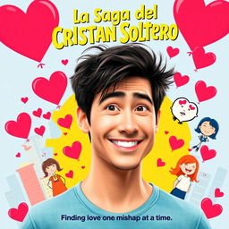 A vibrant and playful movie poster for a romantic comedy titled "La Saga del Cristian Soltero"