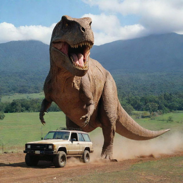 Modify the image to exhibit the mighty T-Rex, now enclosed in an imposing 90-meter high electric fence. This colossal structure towers over the car driven by a cautious Dr. Alan Grant, demonstrating the immense scale of Jurassic Park.