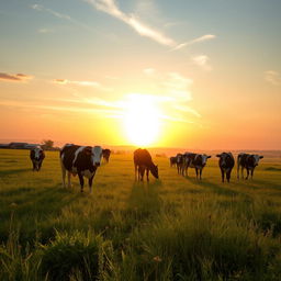 A serene golden hour landscape featuring a picturesque scene of grazing cows in a lush field