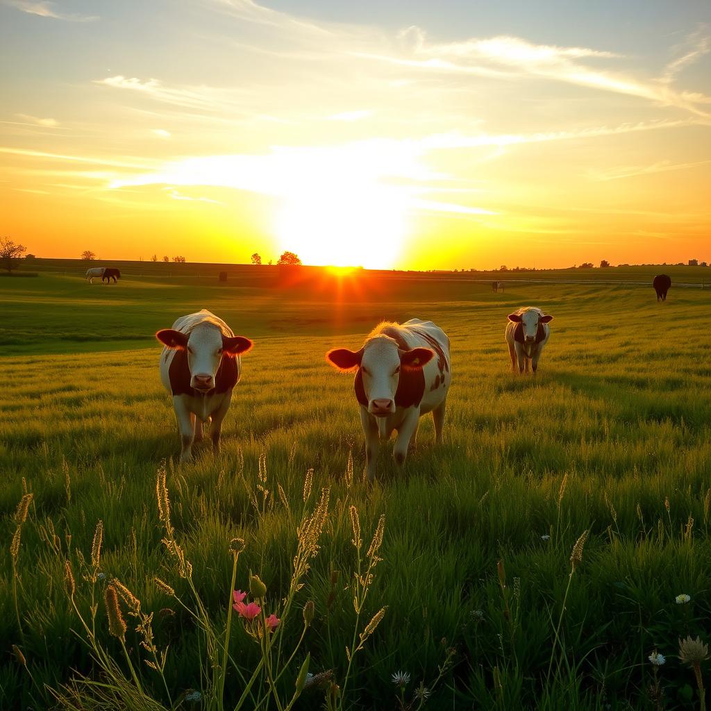 A serene golden hour landscape featuring a picturesque scene of grazing cows in a lush field