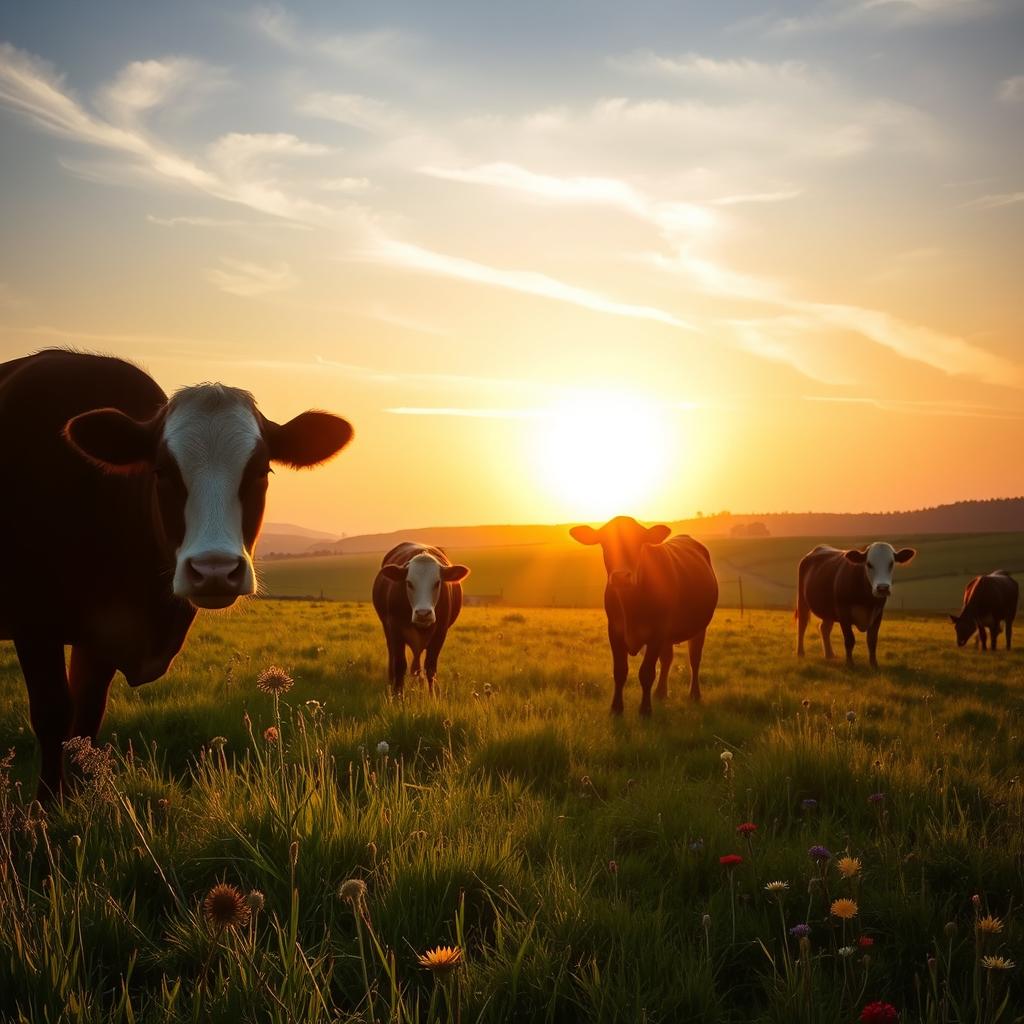 A serene golden hour landscape featuring a picturesque scene of grazing cows in a lush field