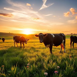 A serene golden hour landscape featuring a picturesque scene of grazing cows in a lush field