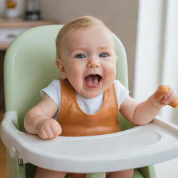 A cute baby joyfully eating a hot dog in a high chair