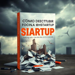 A captivating book cover design for a fictional business book titled "Cómo destruir una startup prometedora tomando malas decisiones administrativas"