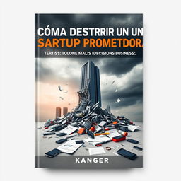 A captivating book cover design for a fictional business book titled "Cómo destruir una startup prometedora tomando malas decisiones administrativas"