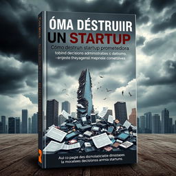 A captivating book cover design for a fictional business book titled "Cómo destruir una startup prometedora tomando malas decisiones administrativas"