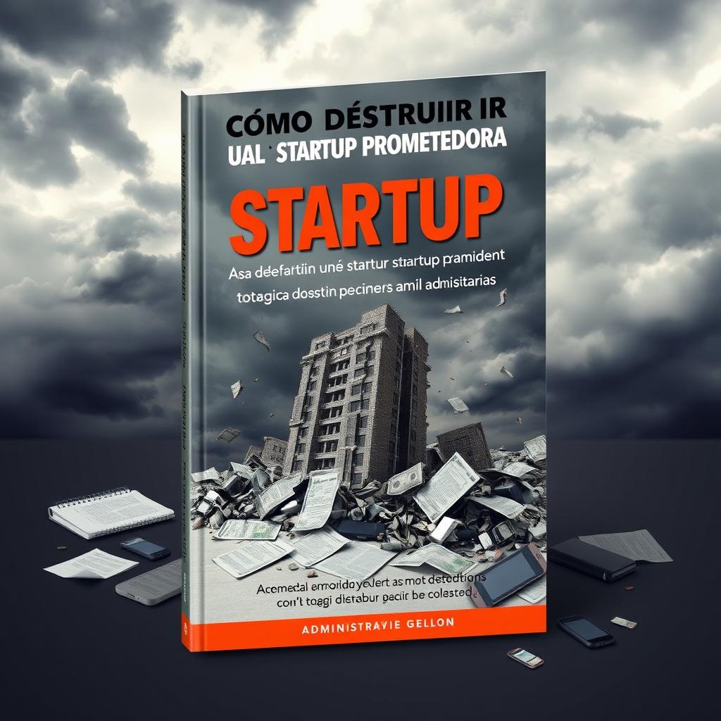 A captivating book cover design for a fictional business book titled "Cómo destruir una startup prometedora tomando malas decisiones administrativas"