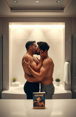 A romantic scene depicting two men sharing a tender kiss in a stylish, well-lit bathroom