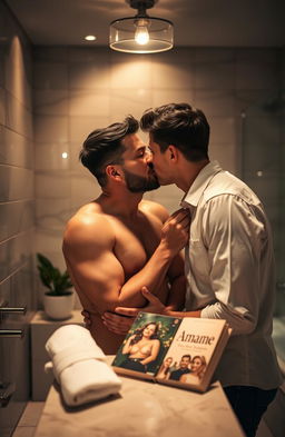 A romantic scene depicting two men sharing a tender kiss in a stylish, well-lit bathroom