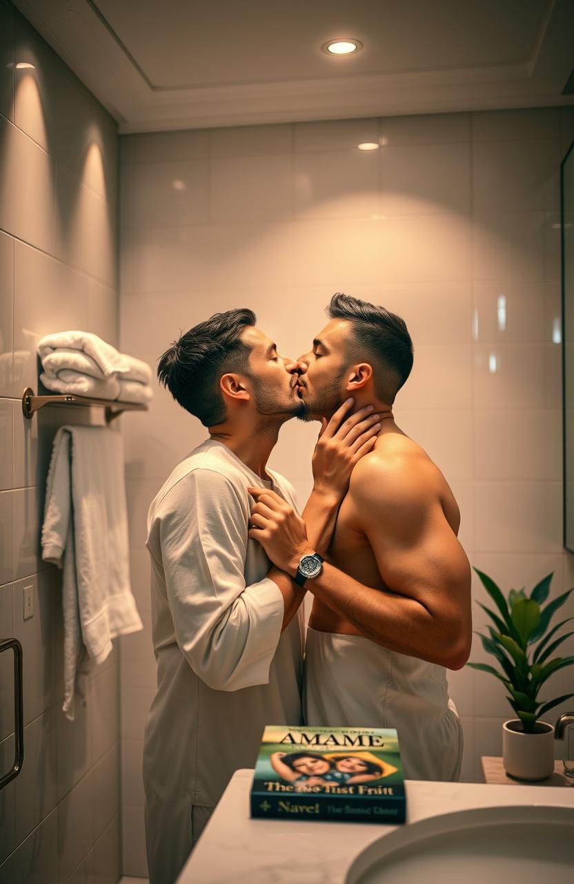 A romantic scene depicting two men sharing a tender kiss in a stylish, well-lit bathroom