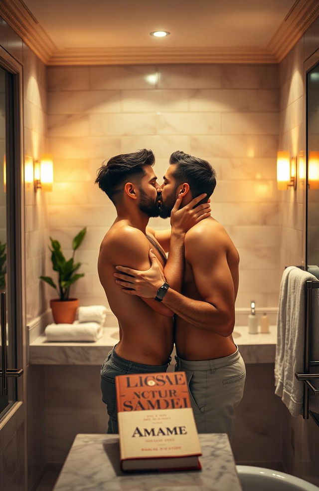 A romantic scene depicting two men sharing a tender kiss in a stylish, well-lit bathroom