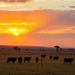 A breathtaking golden hour landscape in Africa, featuring wide open savannahs bathed in warm golden light