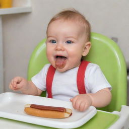 A cute baby joyfully eating a hot dog in a high chair