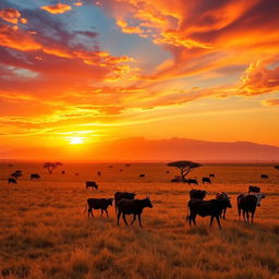 A breathtaking golden hour landscape in Africa, featuring wide open savannahs bathed in warm golden light