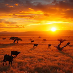 A breathtaking golden hour landscape in Africa, featuring wide open savannahs bathed in warm golden light