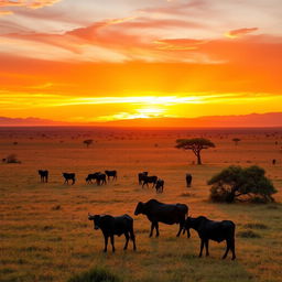 A breathtaking golden hour landscape in Africa, featuring wide open savannahs bathed in warm golden light