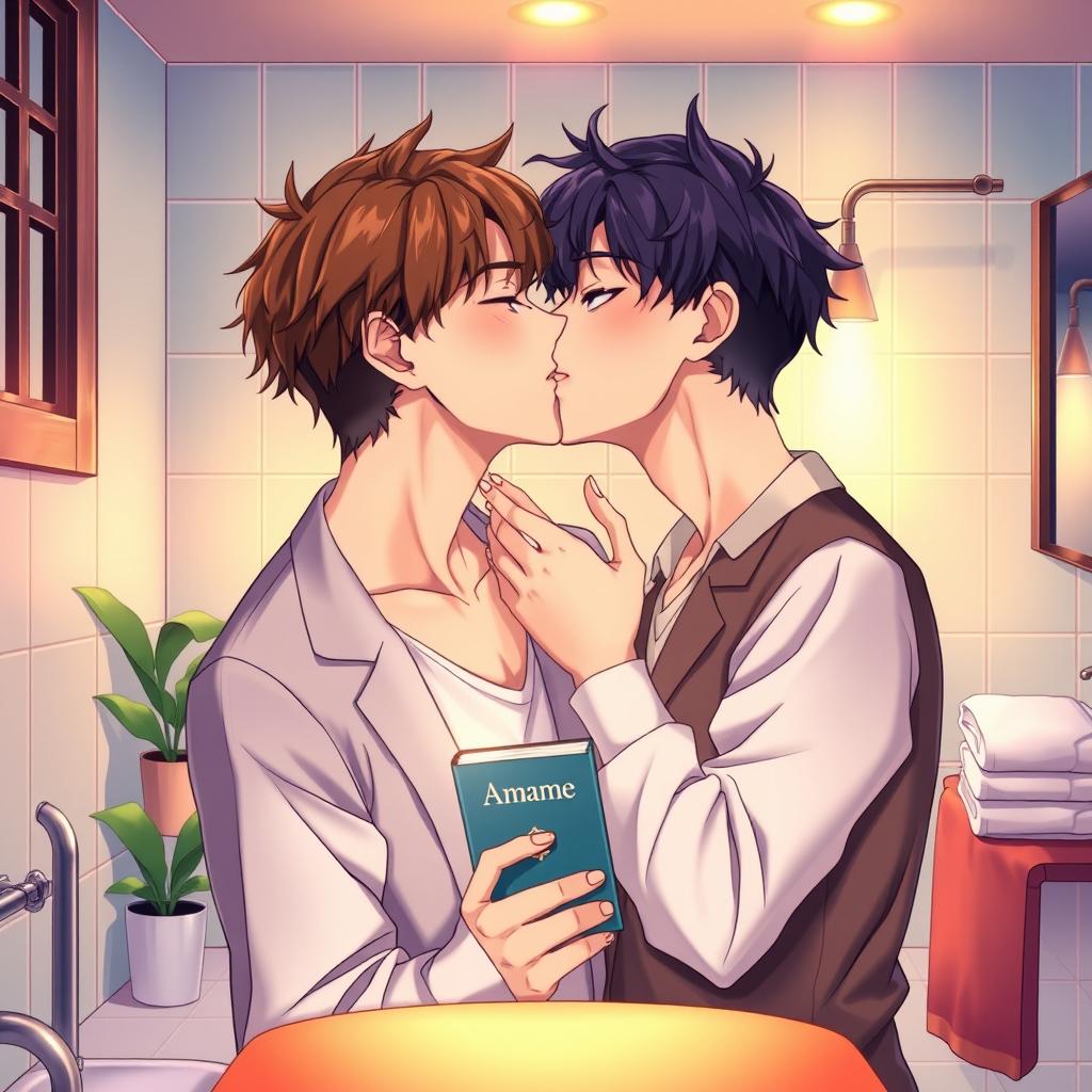 An anime-style illustration featuring two handsome young men sharing a passionate kiss in a stylish, well-decorated bathroom