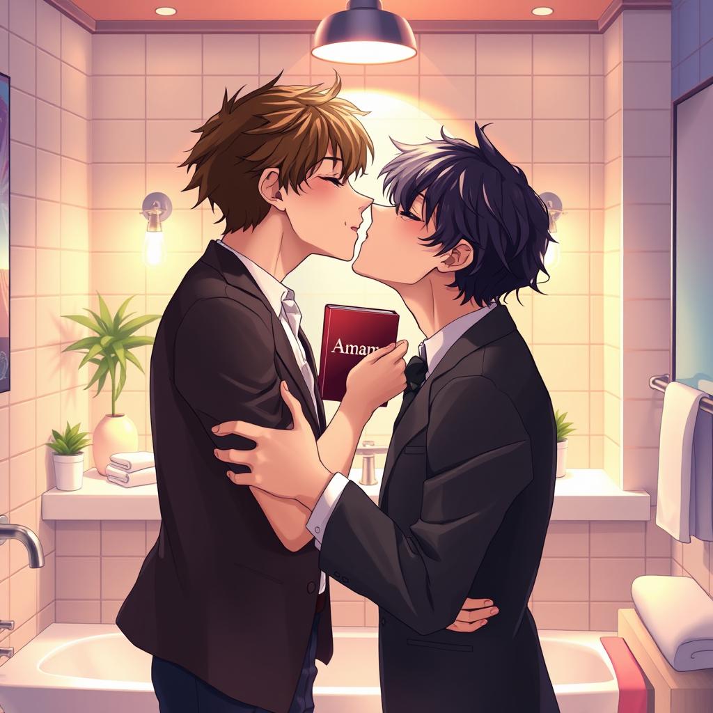 An anime-style illustration featuring two handsome young men sharing a passionate kiss in a stylish, well-decorated bathroom