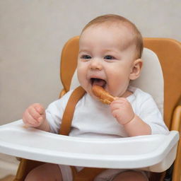 A cute baby joyfully eating a hot dog in a high chair