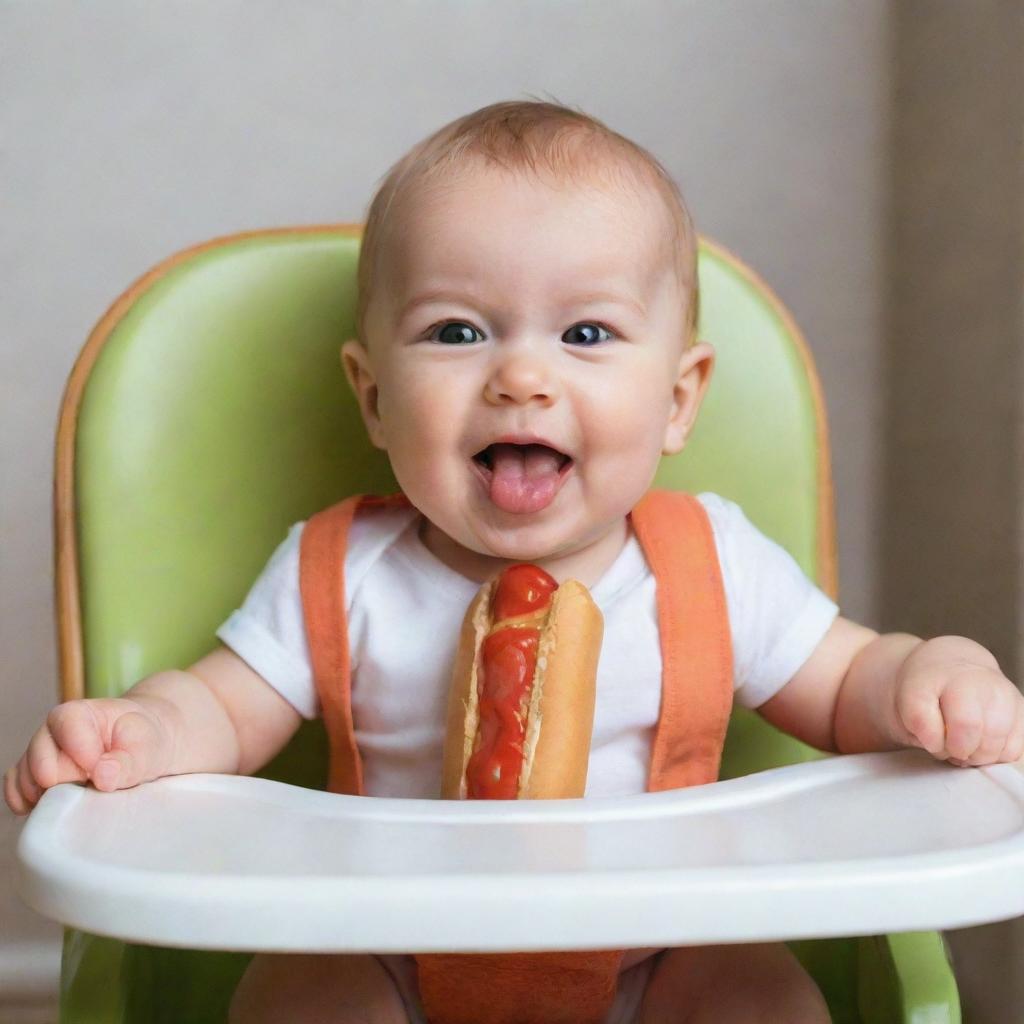 A cute baby joyfully eating a hot dog in a high chair