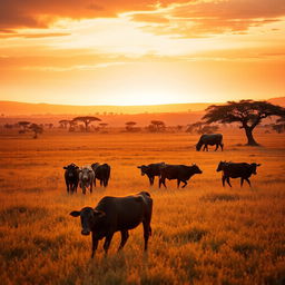 A stunning golden hour scene in Africa, showcasing expansive savannah fields illuminated by warm, golden sunlight