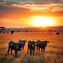 A stunning golden hour scene in Africa, showcasing expansive savannah fields illuminated by warm, golden sunlight