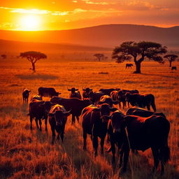 A stunning golden hour scene in Africa, showcasing expansive savannah fields illuminated by warm, golden sunlight