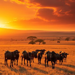 A stunning golden hour scene in Africa, showcasing expansive savannah fields illuminated by warm, golden sunlight