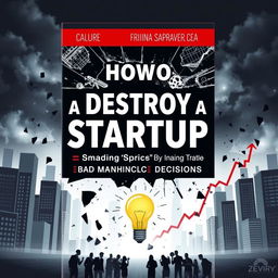 A striking book cover design for "How to Destroy a Promising Startup by Making Bad Management Decisions