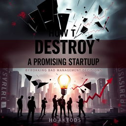 A striking book cover design for "How to Destroy a Promising Startup by Making Bad Management Decisions