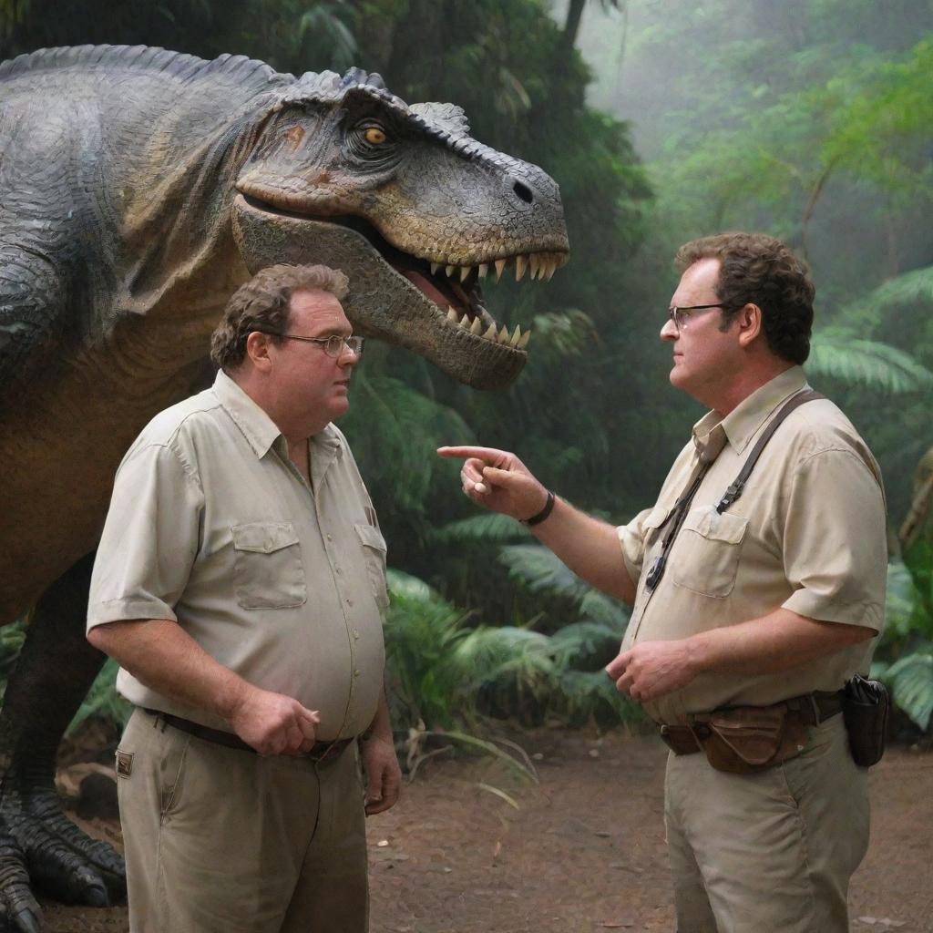 Upon his return to the visitor center, picture Dr. Alan Grant encountering a new character, Dennis Nedry. Their interaction unfolds in the backdrop of the center's grandeur and the surrounding prehistoric madness of Isla Nublar's Jurassic Park.