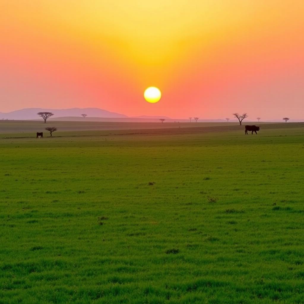 A stunning golden hour scene on clear grazing land in Africa, with an expansive view showcasing lush green grass under the warm golden glow of the setting sun