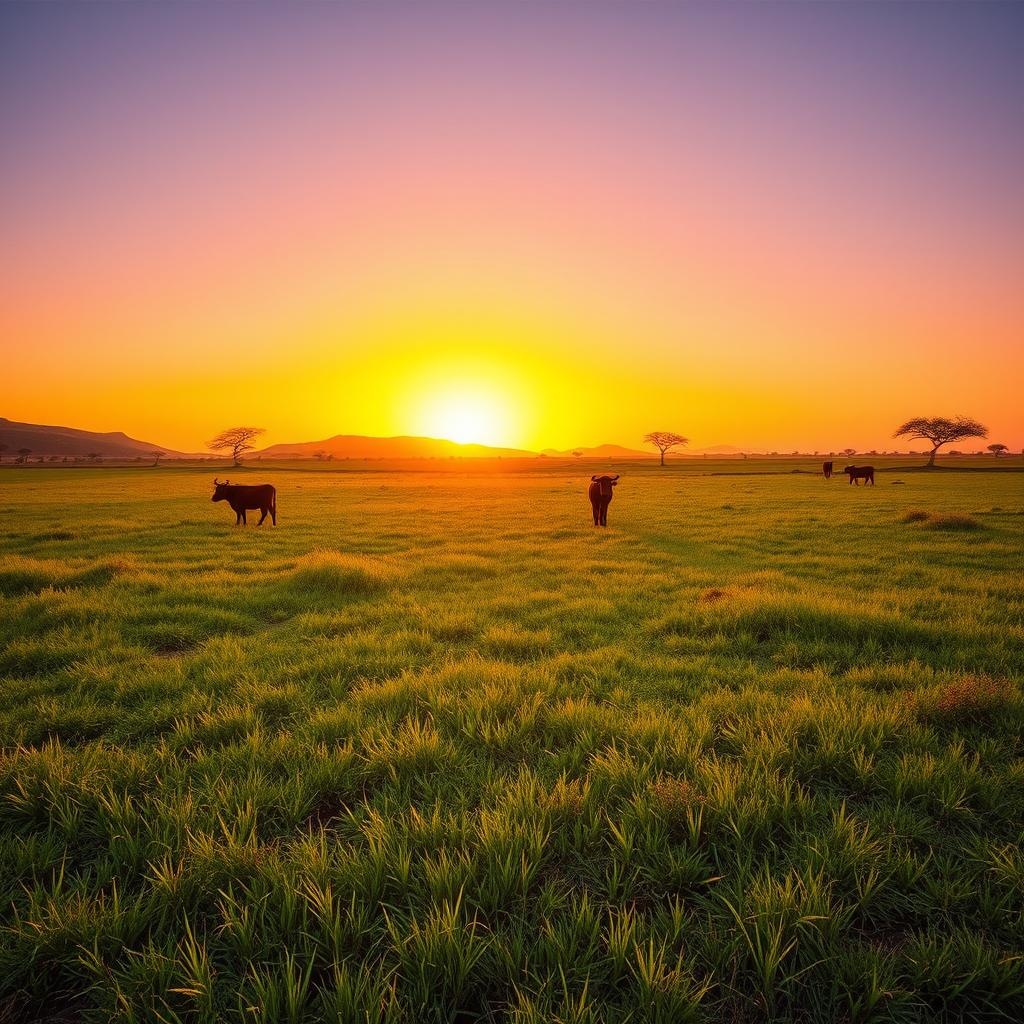 A stunning golden hour scene on clear grazing land in Africa, with an expansive view showcasing lush green grass under the warm golden glow of the setting sun