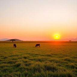 A stunning golden hour scene on clear grazing land in Africa, with an expansive view showcasing lush green grass under the warm golden glow of the setting sun