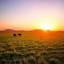 A stunning golden hour scene on clear grazing land in Africa, with an expansive view showcasing lush green grass under the warm golden glow of the setting sun