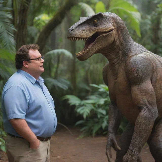 Upon his return to the visitor center, picture Dr. Alan Grant encountering a new character, Dennis Nedry. Their interaction unfolds in the backdrop of the center's grandeur and the surrounding prehistoric madness of Isla Nublar's Jurassic Park.