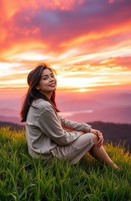 A serene landscape depicting a tranquil scene of a person sitting on a hillside overlooking a sunset, embodying a carefree attitude