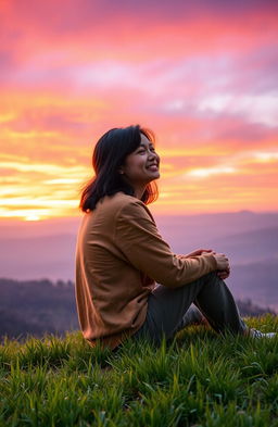 A serene landscape depicting a tranquil scene of a person sitting on a hillside overlooking a sunset, embodying a carefree attitude