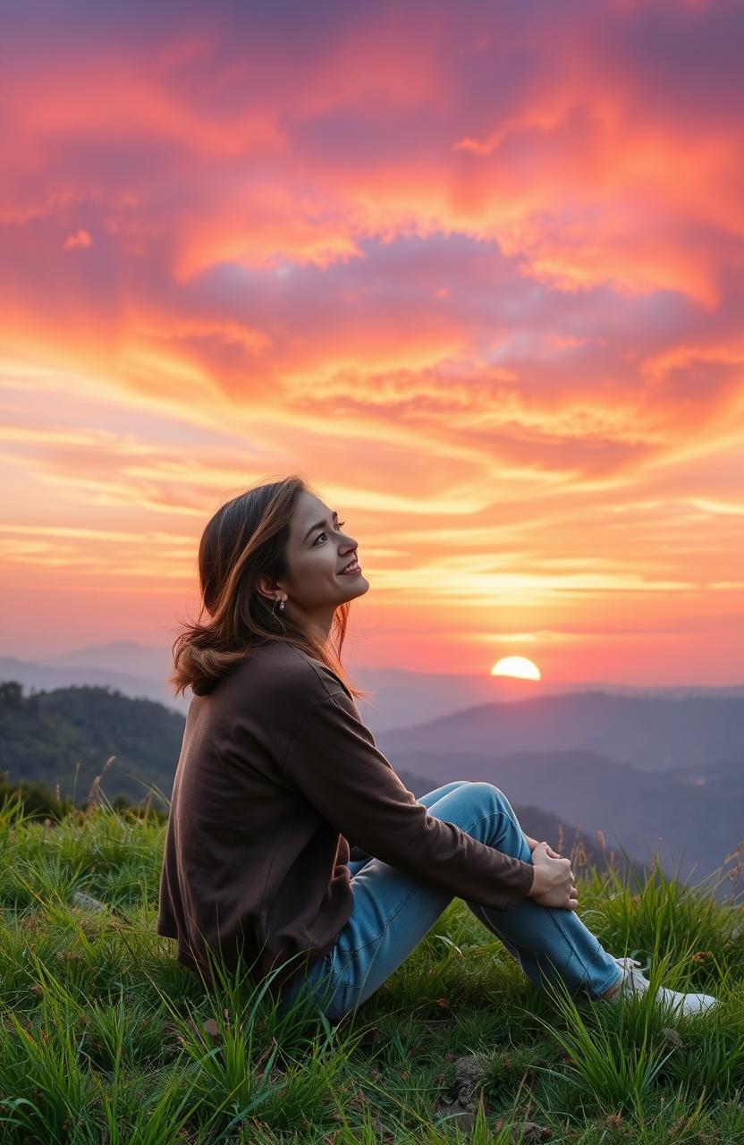 A serene landscape depicting a tranquil scene of a person sitting on a hillside overlooking a sunset, embodying a carefree attitude