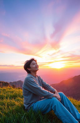 A serene landscape depicting a tranquil scene of a person sitting on a hillside overlooking a sunset, embodying a carefree attitude