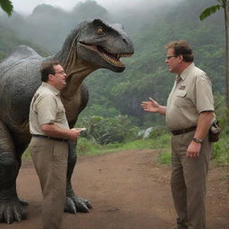 Upon his return to the visitor center, picture Dr. Alan Grant encountering a new character, Dennis Nedry. Their interaction unfolds in the backdrop of the center's grandeur and the surrounding prehistoric madness of Isla Nublar's Jurassic Park.