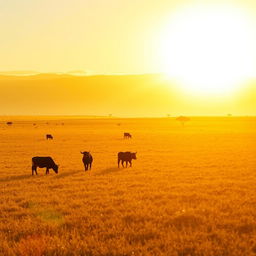 A captivating golden hour scene in Africa featuring clear golden grazing land, where the sun casts a warm golden light over the vast expanse of grass