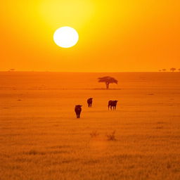 A captivating golden hour scene in Africa featuring clear golden grazing land, where the sun casts a warm golden light over the vast expanse of grass