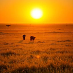 A captivating golden hour scene in Africa featuring clear golden grazing land, where the sun casts a warm golden light over the vast expanse of grass